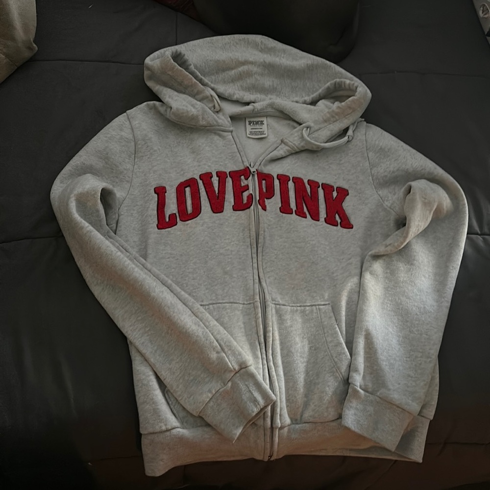 Size Small PINK Everyday Zip Up Hoodie. Gray With Red LOVE PINK Lettering.
